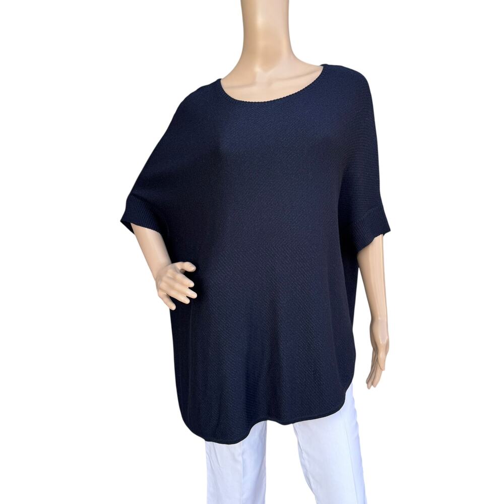 St. John L Navy Knit Short Sleeve Tunic Top Asymmetrical Hem